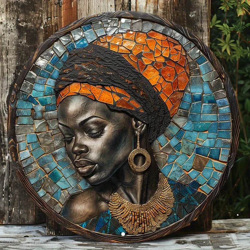 

African Woman Mosaic Art, Round Aluminum Wall Sign, UV and Scratch Resistant, Easy-Hang, Outdoor and Indoor Decor, 8in/11.8in