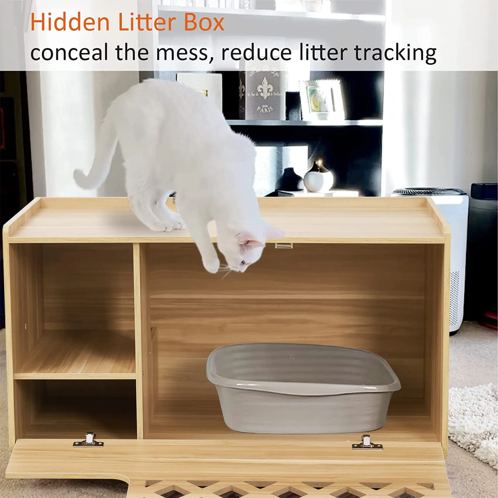 cat later box enclosure wooden pet washroom with door and vent indoor hidden furniture table nightstand cat house