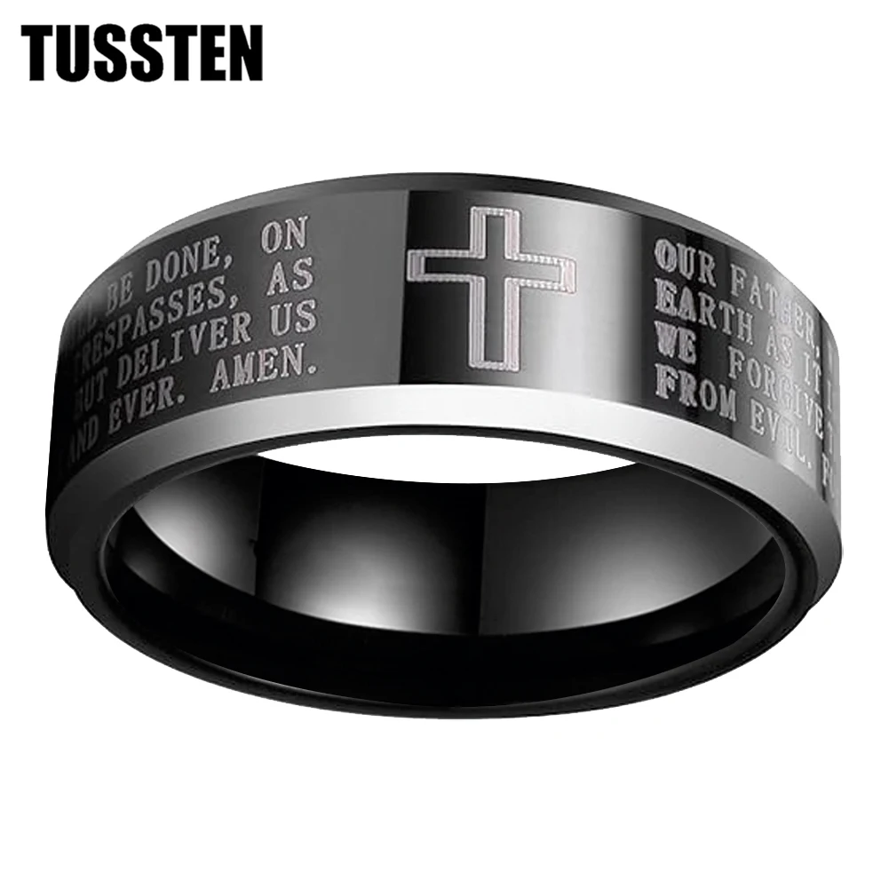 TUSSTEN 6/8MM Tungsten Wedding Band Ring for Men Women Lord's Prayer Cross Ring Beveled Polishing Bible Engraved Rings