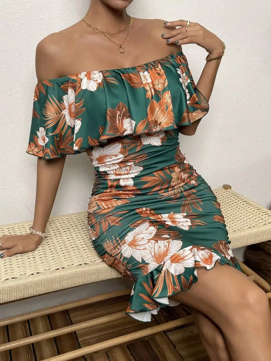 

Off Shoulder Ruffle Trim Ruched Bodycon Dress with Tropical Floral Print