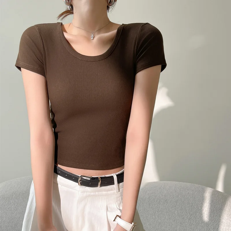 Pure cotton ribbed round neck slim fit short women's right shoulder short sleeve T-shirt spring and summer wearable top