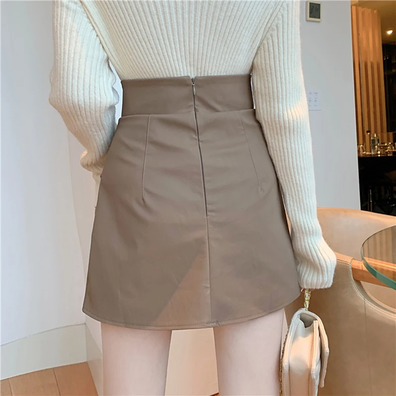 HELIAR Women Solid A-line Office Skirts Irregular Casual Skinny PU Skirts High Waist Party Bodycon Skirts Spring Summer