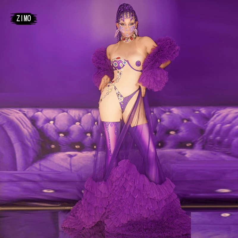 

purple Jumpsuit and coat colour crystals rhinestones mesh see through sexy dance birthday party drag queen performance festival