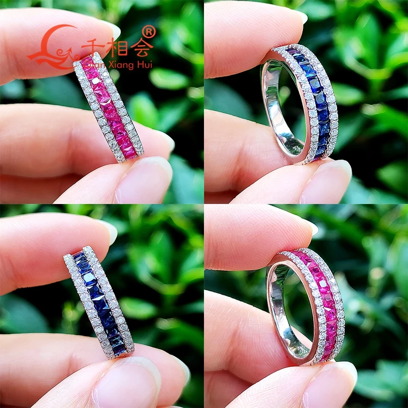 5.5mm lab created grown red ruby blue sapphire square white moissanite half eternity band 925 Silver ring jewelry dating wedding