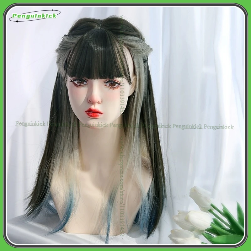 55cm Long Straight Synthetic Wig Chic Girls Lolita Party Heat Resistant Hair Scalp Mixed Colors Brown Blue Blonde Bangs