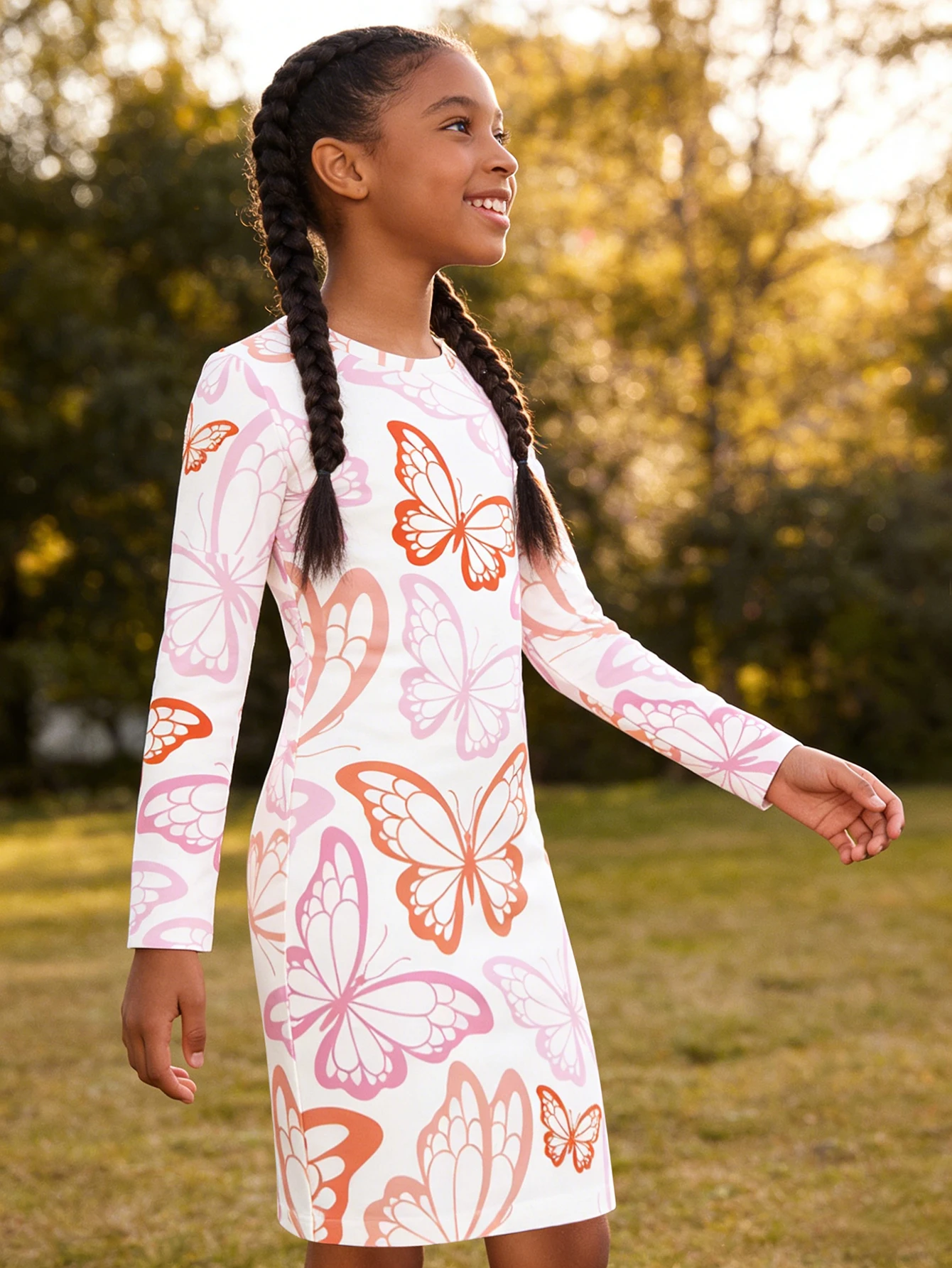 

2026 girls white background pink orange butterfly print long sleeve slim dress
