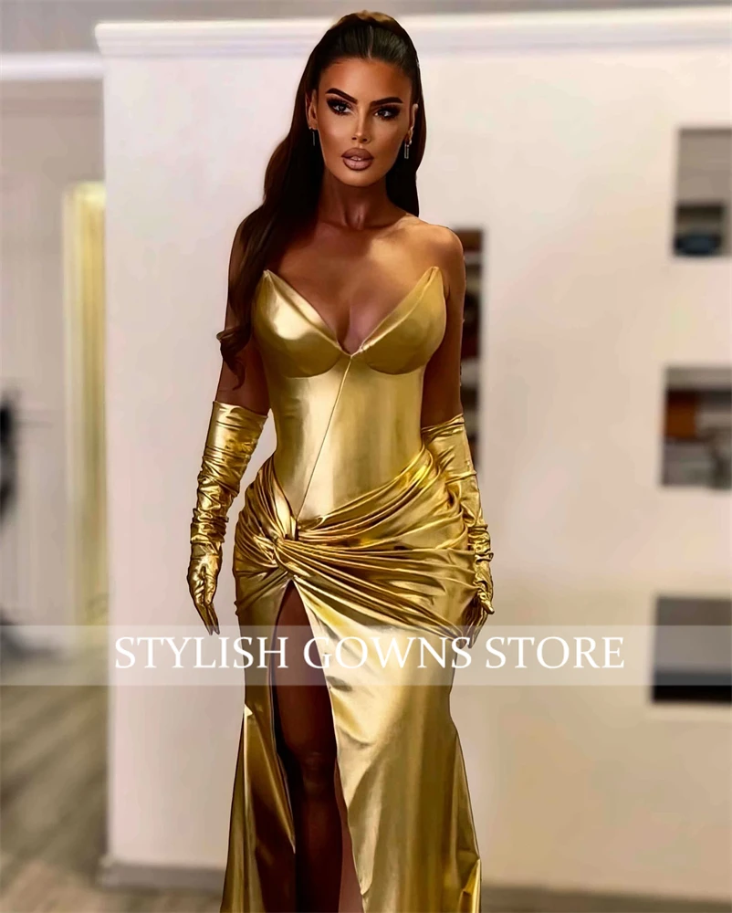 Gold Sweetheart Long Prom Dresses For Black Girls Pleat 2024 Birthday Luxury Dress Mermaid Split Evening Dresses With Gloves