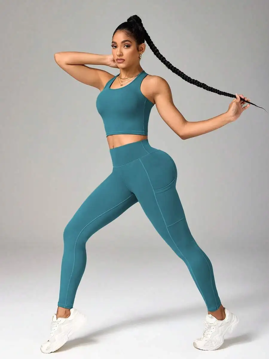 

Women Solid Color Crisscross Back Sports Set Workout Top And Leggings
