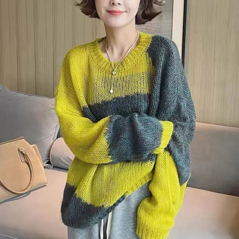 

Pullover Sweater 2023 Spring and Autumn Top Women Loose Outerwear Slouchy Color Matching Mohair Versatile Sweater Pullover