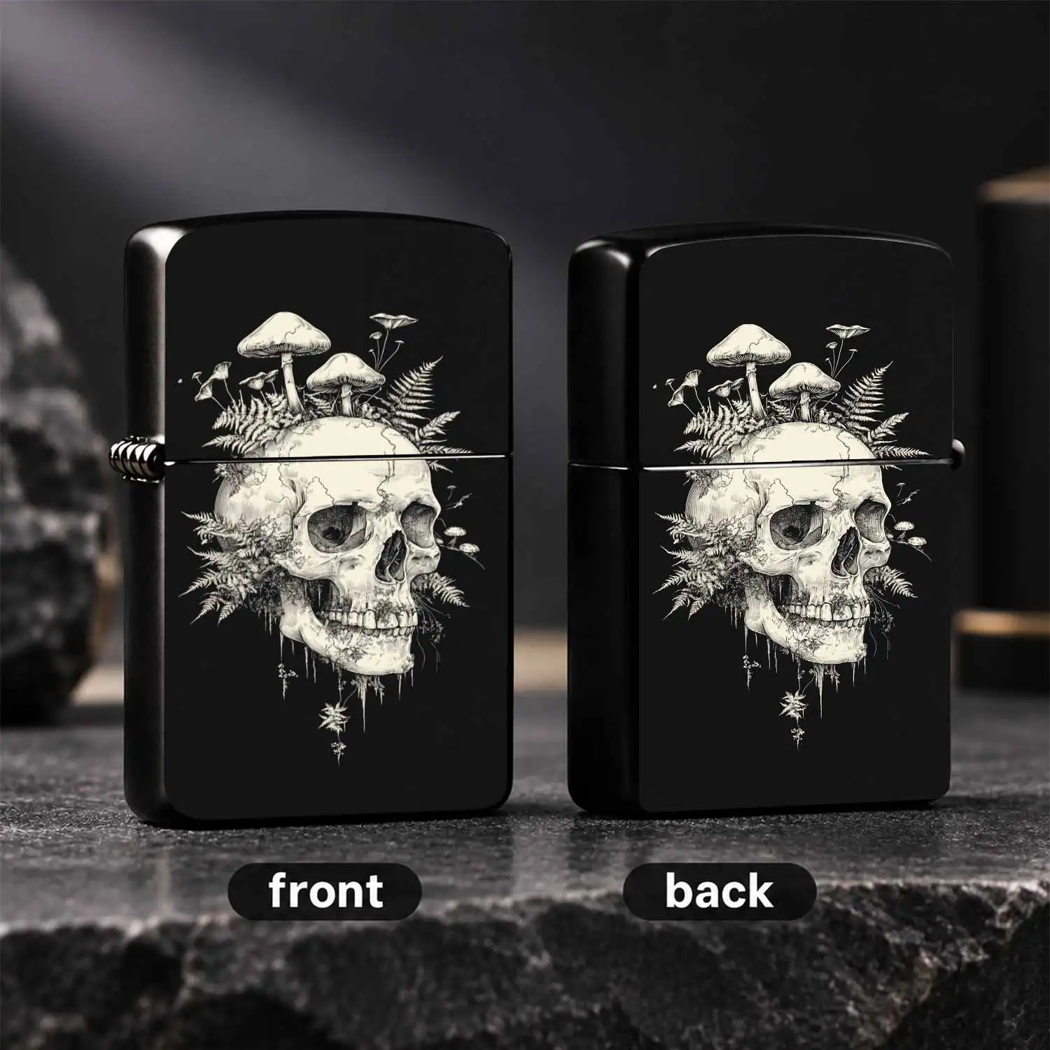 Vintage Dark Forest Skull Fern Mushroom Print Pocket Lighter, Artistic Nature Inspired Portable Igniter, Ideal For Outdoor Camping Daily Use, Unique Stylish Gift Choice For Party Travel Home Decor Scenarios, Eye-Catching Aesthetic Carry Acc
