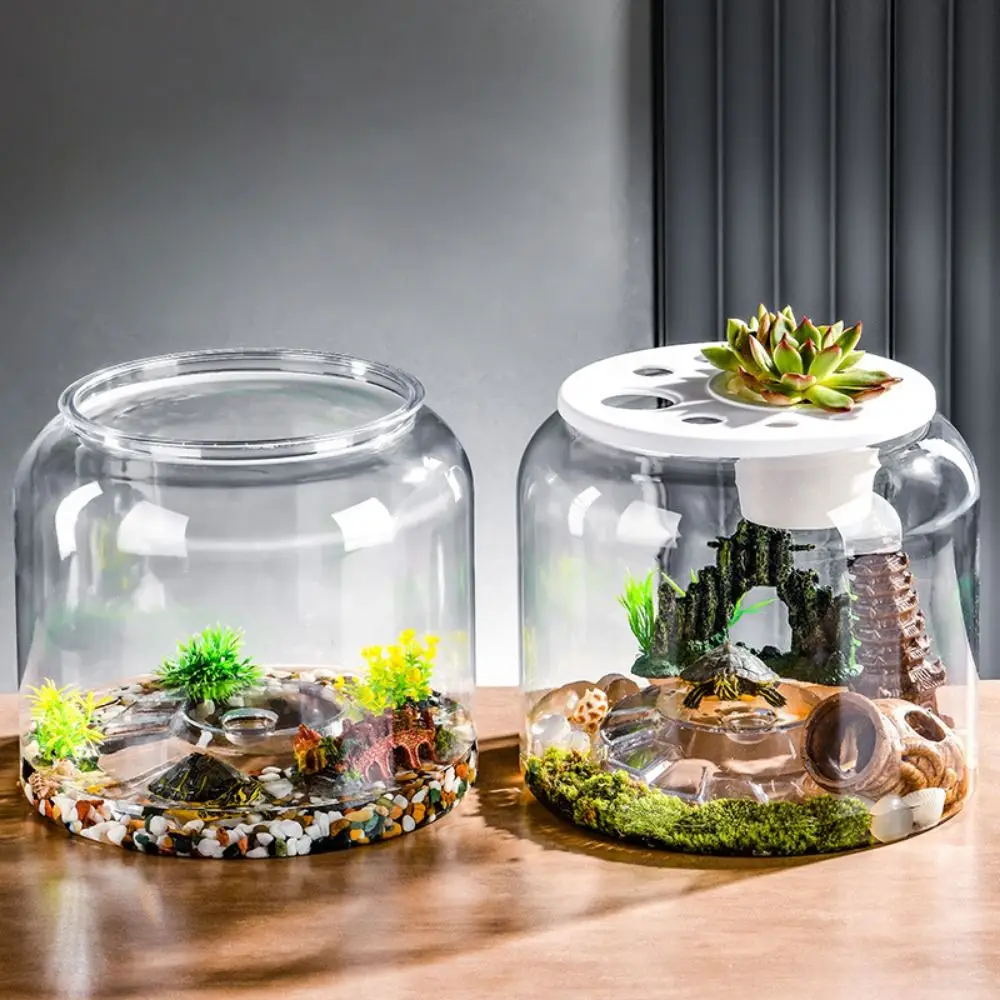 Practical Transparent Round Fish Tank Plastic Unbreakable Desktop Turtle Tank with Cover Hydroponic Fish Tank Office