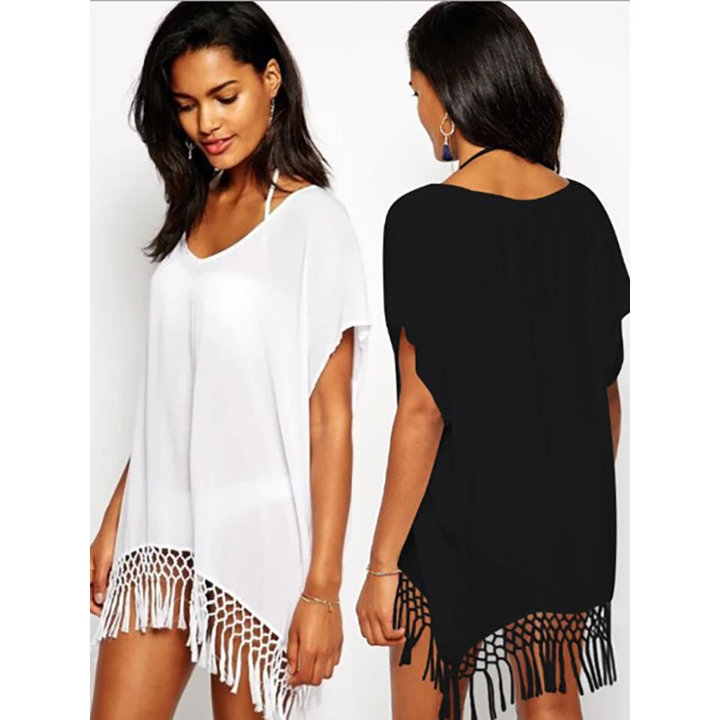 

Fashion Women's Clothing Fringed Cover-ups Ladies Sexy Beach Smock Bat Sleeves Loose Sun Protection Clothing Solid Beach Dress