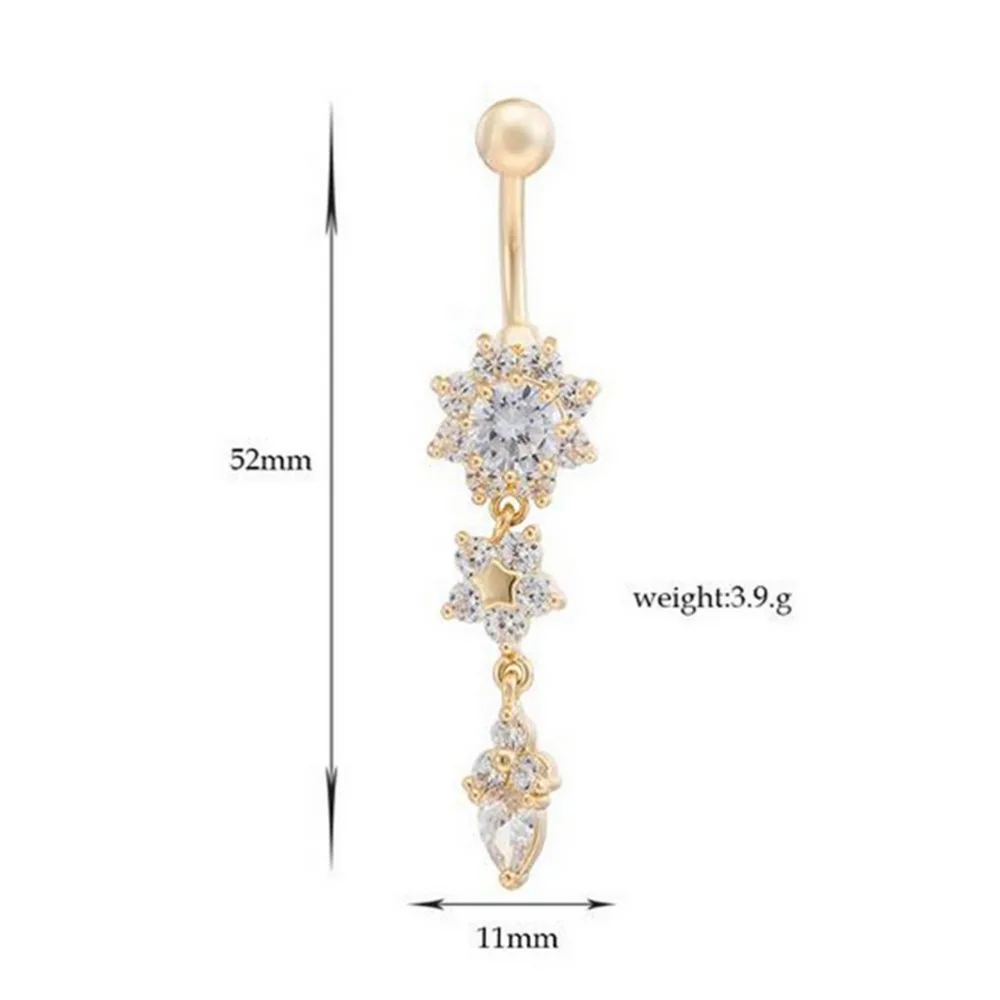 Mode Vrouwen Goedkope Legering Zirkoon Bloem Bengelen Kristal Navel Buikringen Strand Navel Piercing Lichaam Sieraden