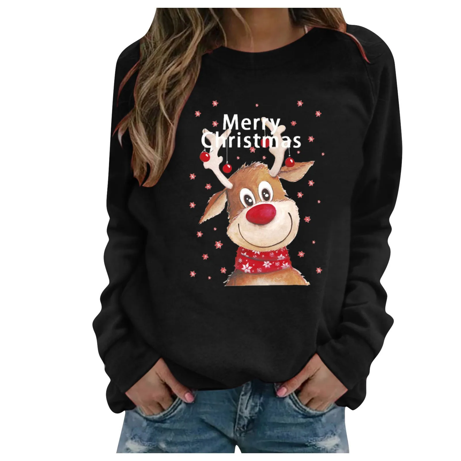 Kaus wanita motif seri natal Fashion Pullover wanita leher bulat lengan panjang kartun Sweatshirt atasan kasual Harajuku