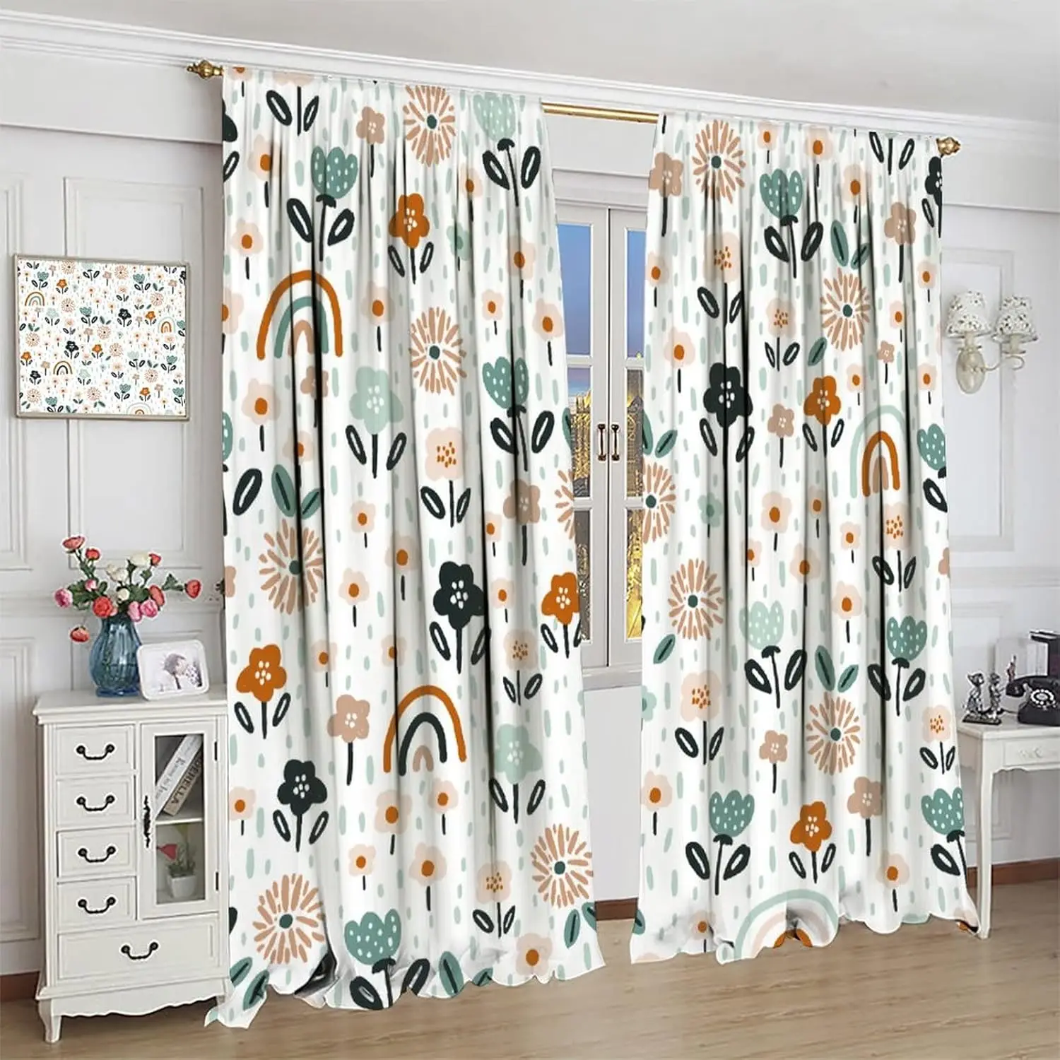 Kids Rainbow Window Curtains Cute Cartoon Rainbow Raindrop Floral Pattern Bohemian Style Girls Boys Living Room Children's Room