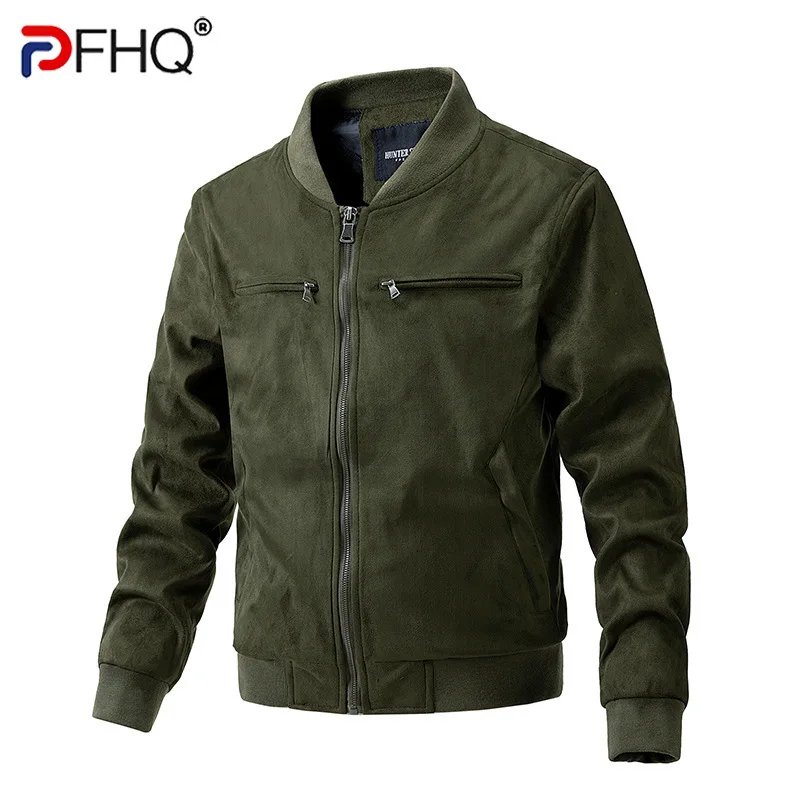 

PFHQ Autumn Winter Suede Stand Up Collar Men's Jacket Double Zipper Pockets Thin Cotton Casual American Solid Color Tops