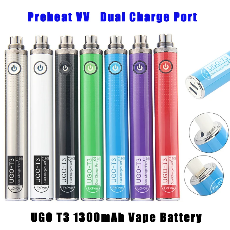 UGO-T3 Dual Charger Port 1300mAh eGo T Vape Pens Variable Voltage Preheating Vaporizer Battery For Thick Oil Empty Cartridges