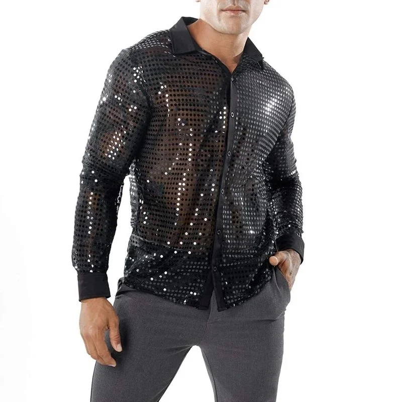 Men's Sequins Shirt Spring Autumn Long Sleeve Turn down Collar  Neck Thickened Fleece Inner Special Wide Fit