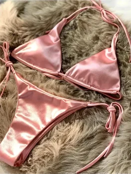 Halter Brazilian Metallic Satin Bikini Women Swimwear Female Swimsuit Two-pieces Bikini…