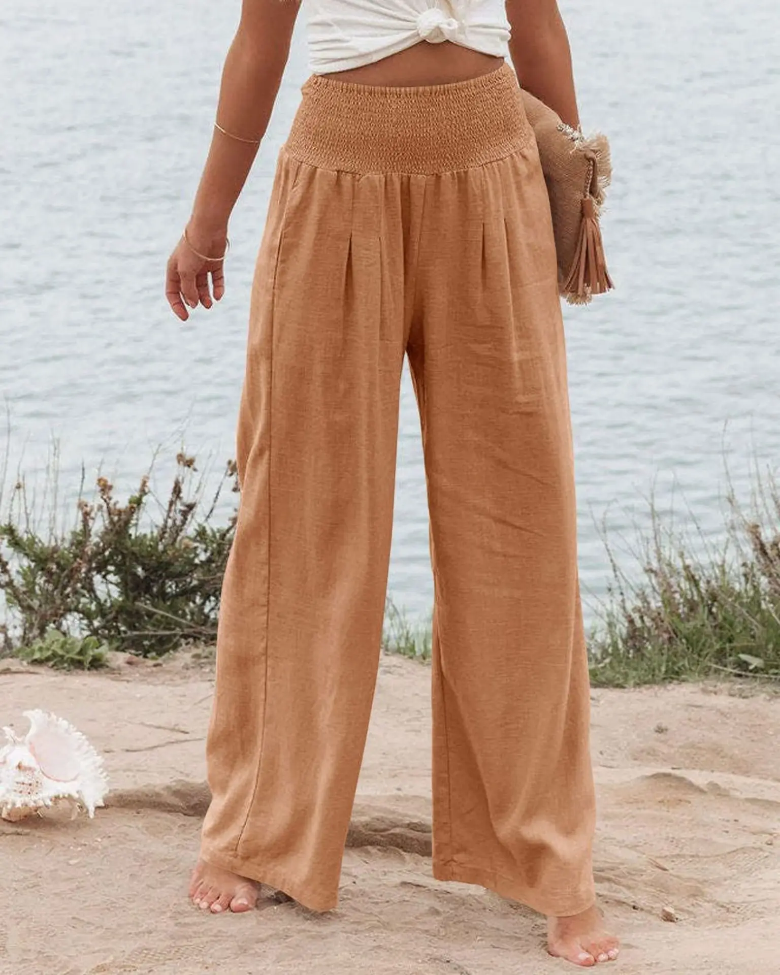 

Women Leisure Wide Leg Cotton Hemp Loose Pants Elastic Hight Waist Loose Trousers