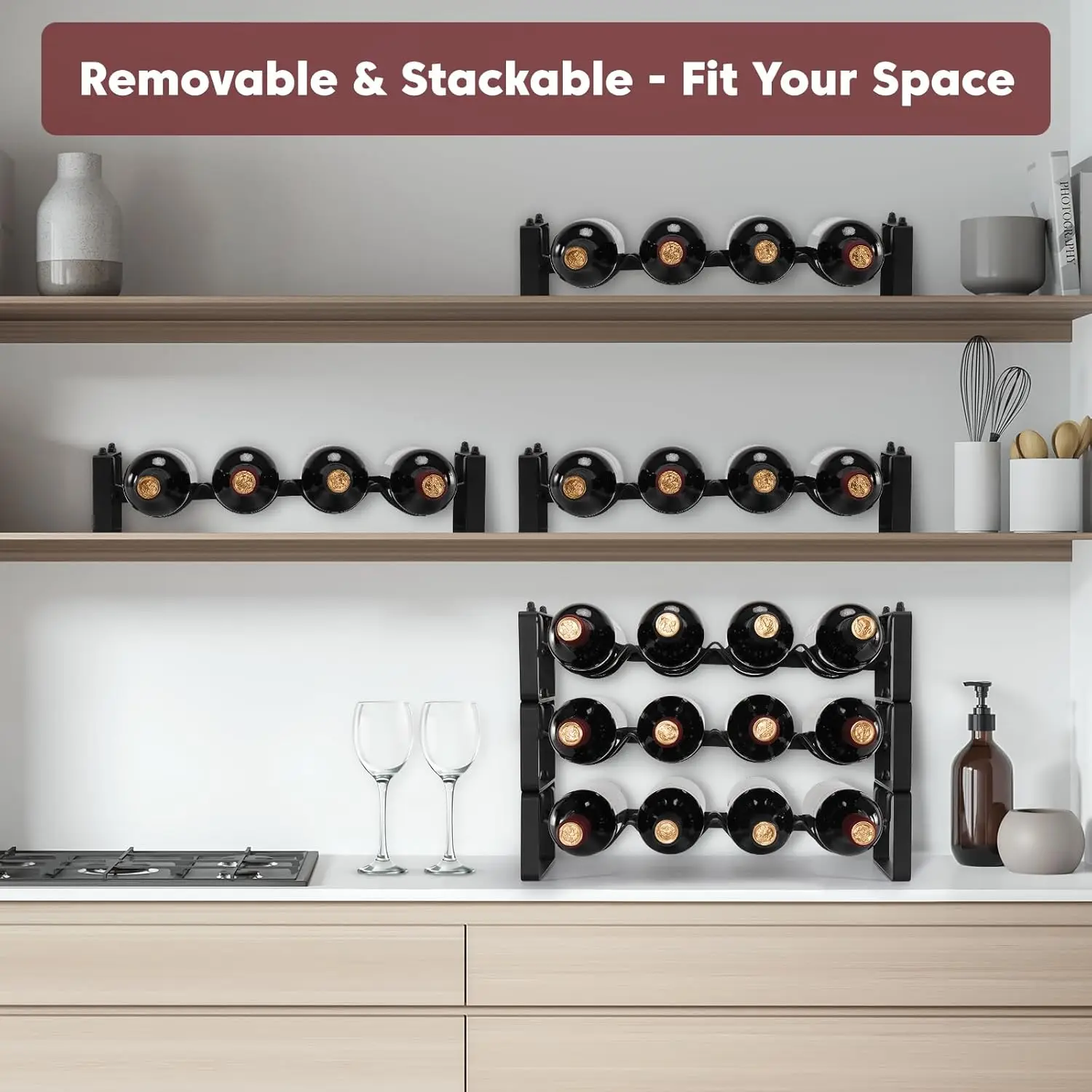 Stackable Wine Rack Countertop, Sturdy Bottle Holder Freestanding for Cabinet, 3 Tier Small Tabletop Stand