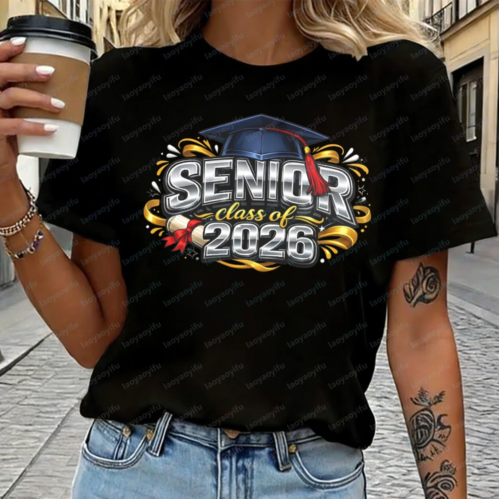 Senior Class of 2026 Cotton T-Shirt for Women Grad Cap Diploma Graphic Tee Bold Graduation Casual Tops Senior Year Grad Gift