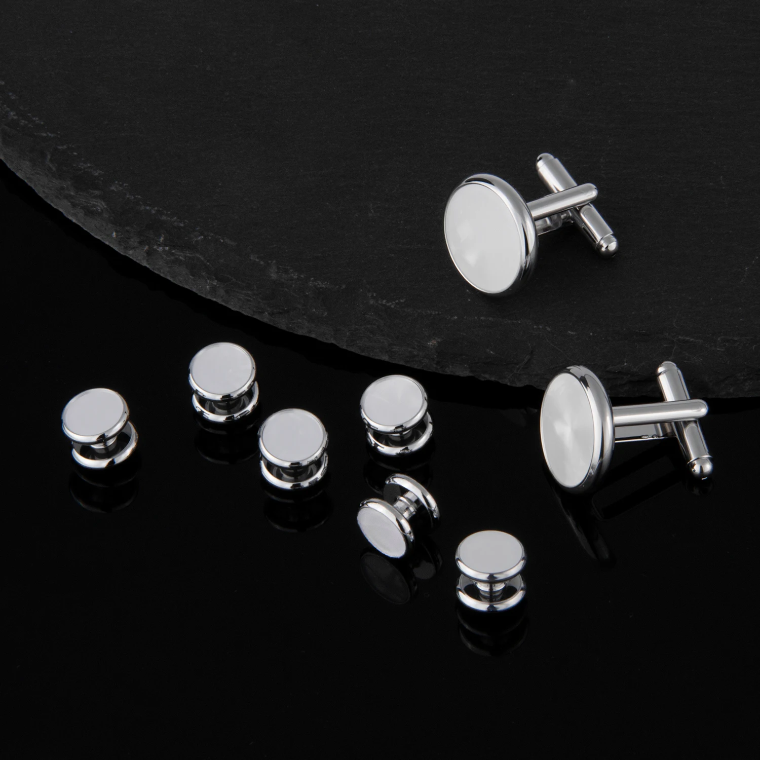 Lot de 4 boutons de manchette et clous de chemise pour smoking, à motifs, blancs, pour chemise de papa, de mari, accessoires pour homme, cadeau pour invité de mariage