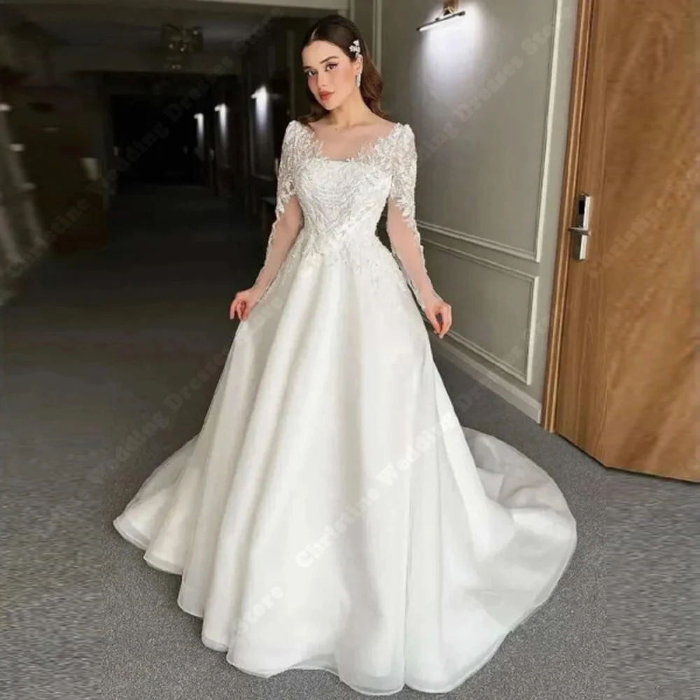 Glitte Chiffon Frauen Brautkleider elegante charmante Brautkleider Spitze lange Ärmel Prinzessin Wisch länge Vestidos de Novias