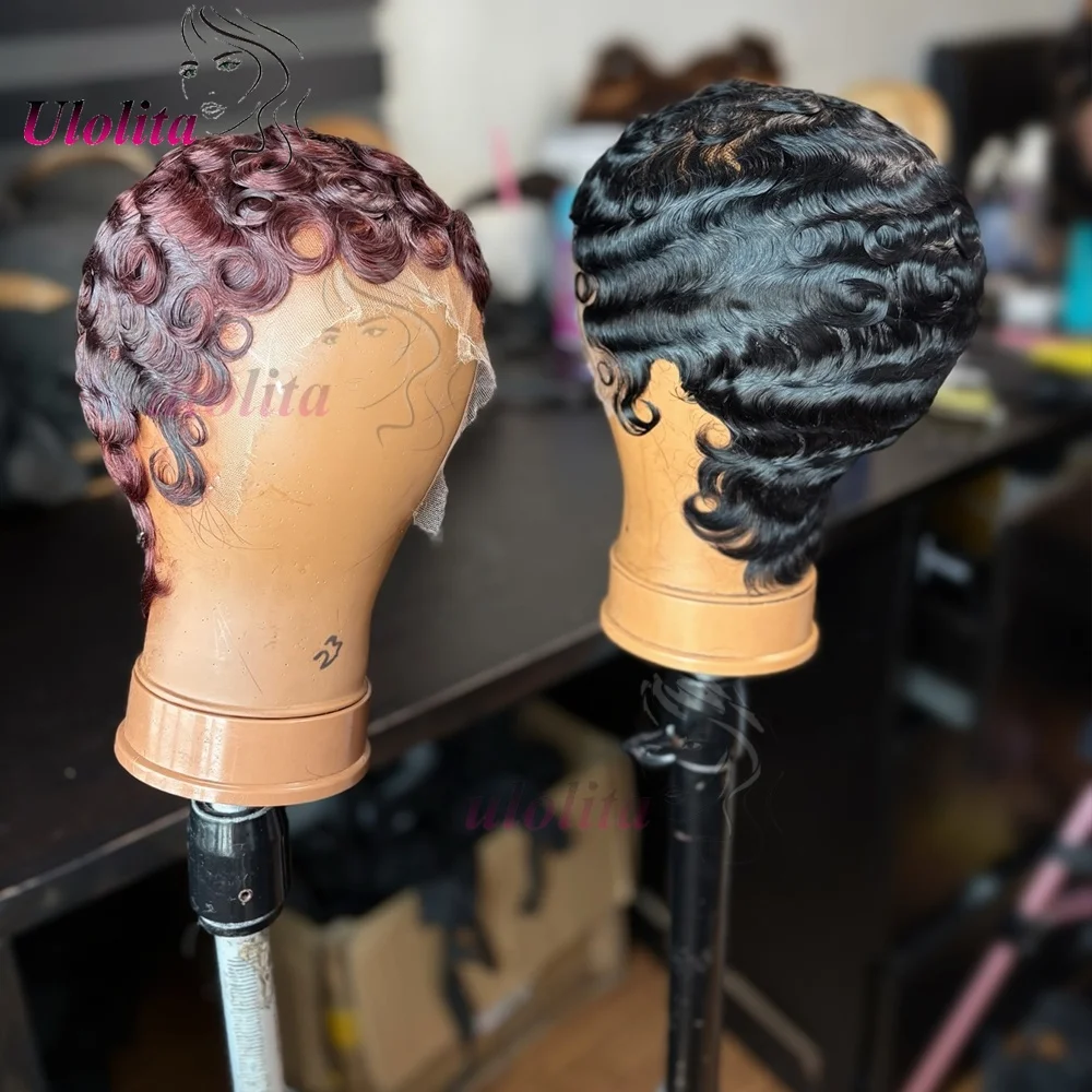 Premium Lockige Pixie-Cut 13x4 Lace Frontal Perücke aus Echthaar 99J 180% Dichte Kurze 6 Zoll geschichtete lockige Perücke ohne Klebstoff für Frauen – Detail 4
