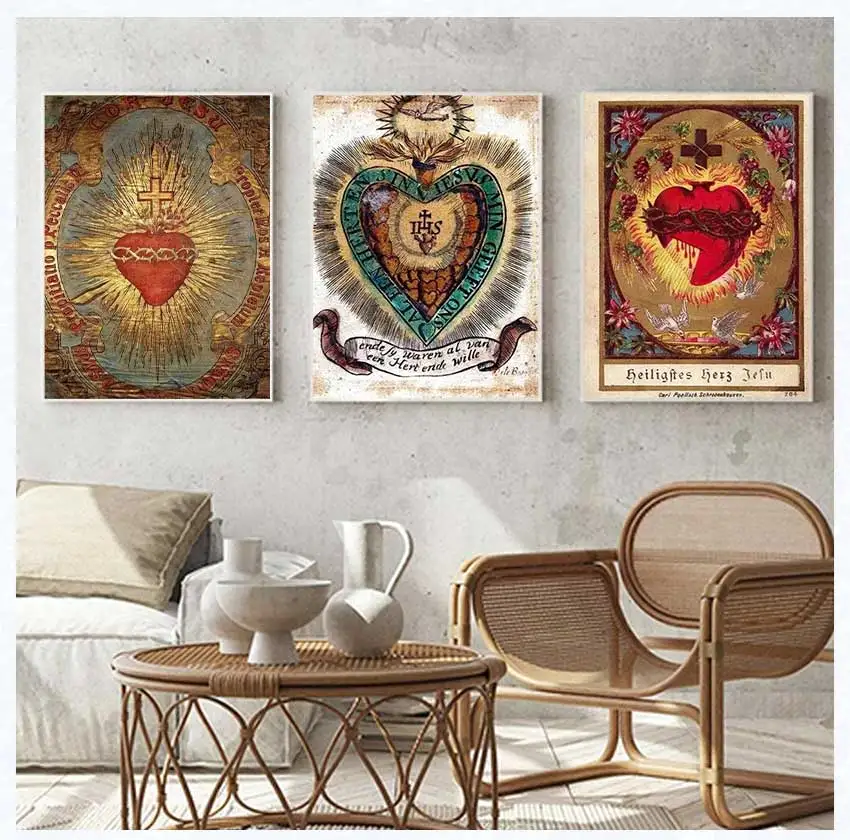 Art Print Mary Religious Canvas Painting Abstract Christian Wall Decor for Home Vintage Sacred Heart of Jesus