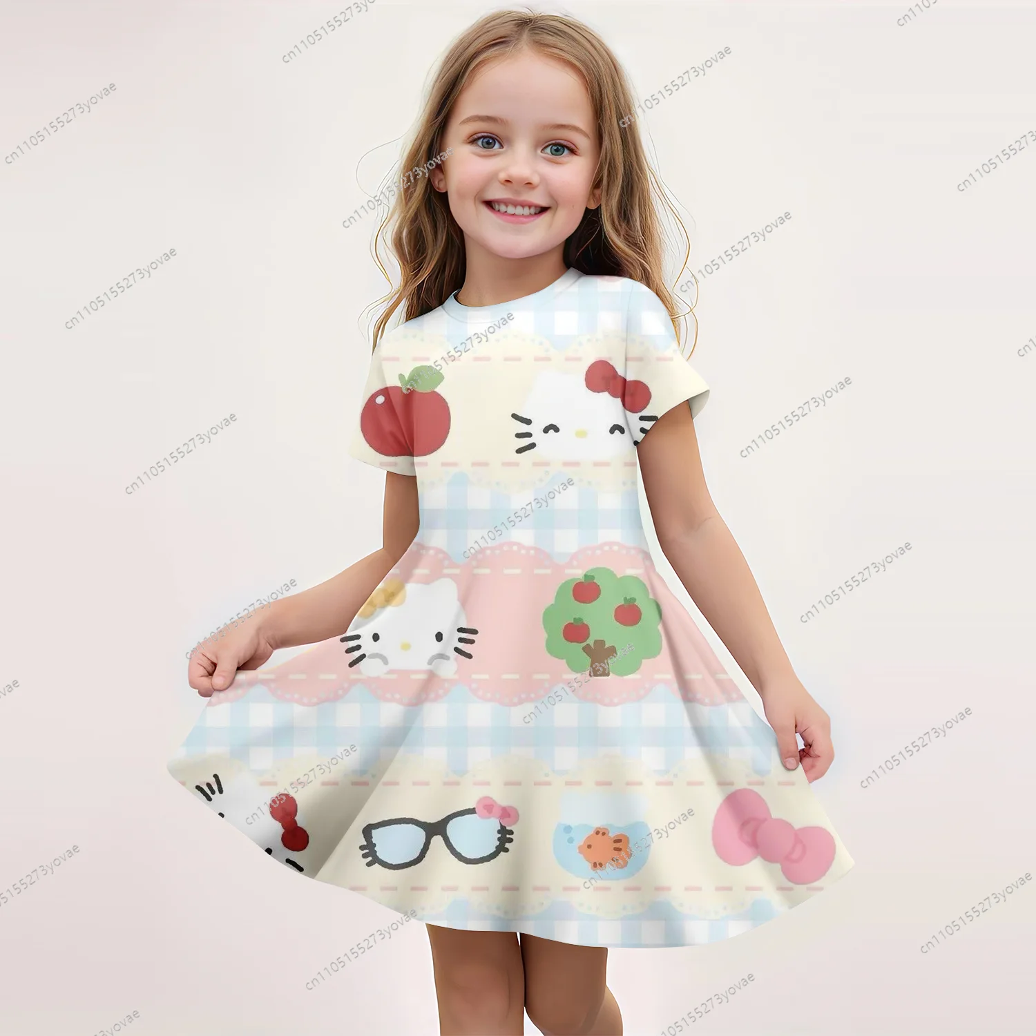 

Children's short-sleeved dress with hello tity 3D cute print, featuring a cute-style design with an excellent look.