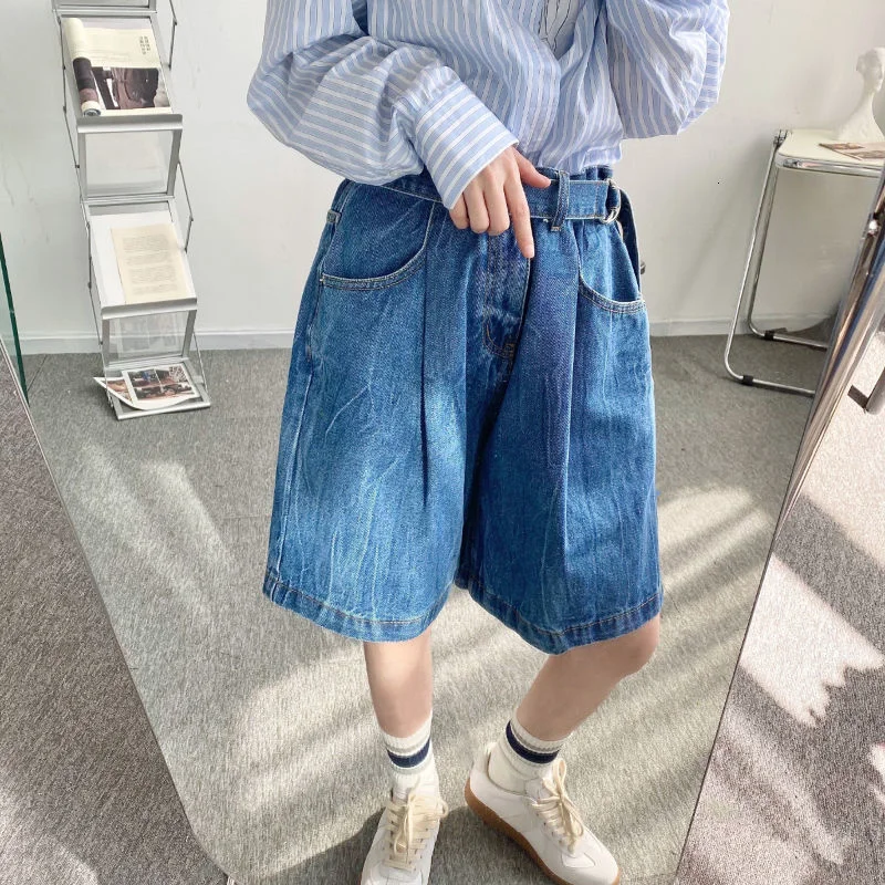 Jeans Men's Shorts Summer New Loose Wide Leg Knee Length Pants With Belt 2022 Fashion New Vintage Denim Bottoms 2Y7234