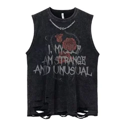 Summer Men Fashion Washed Sleeveless Tshirts Hip Hop Letter Graphic Print Gothic Vests Streetwear Harajuku Cotton Tank Tops