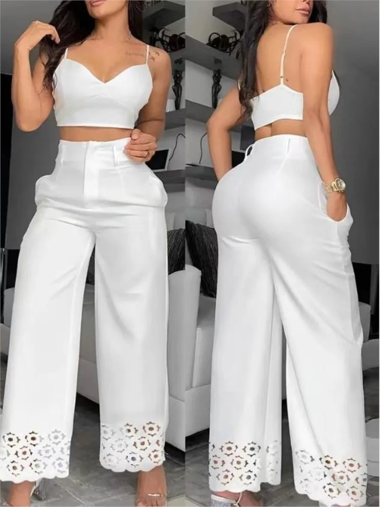 

Summer Two Piece Sets Womens Outifits 2024 Fashion V-Neck Cami Crop Top & Casual White Hollow Out Wide Leg High Waist Pants Set