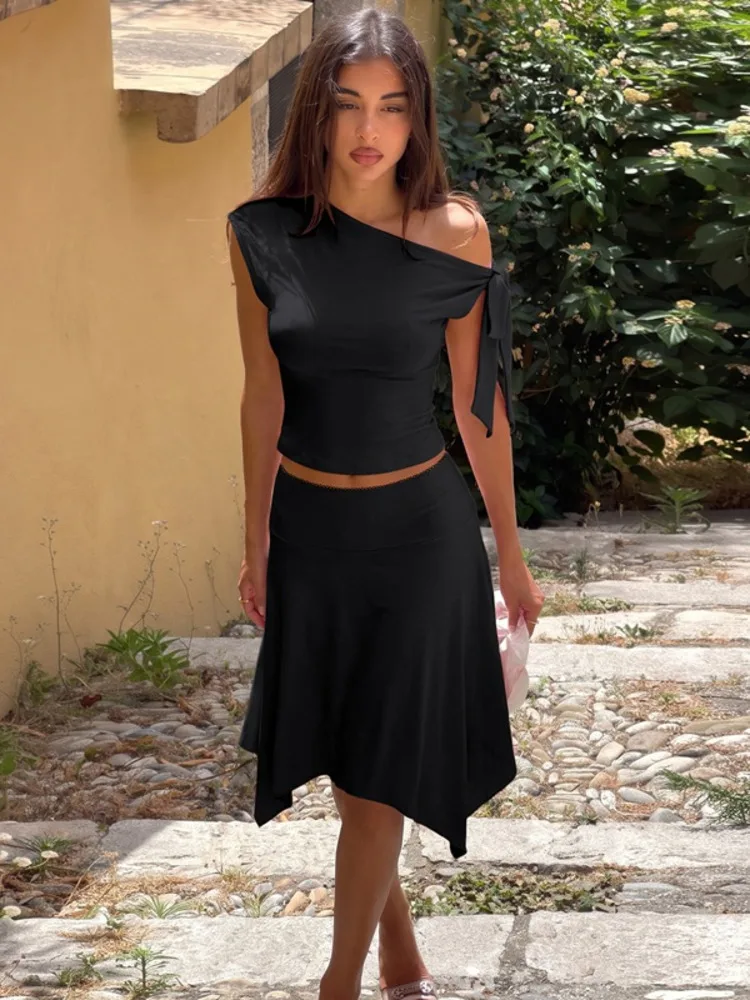 Mozision Women 2 Piece Outfits Off Shoulder Tie Side Crop Top Midi Skirt Solid Slim Bodycon Matching Set Summer Party Co Ord Set image 5