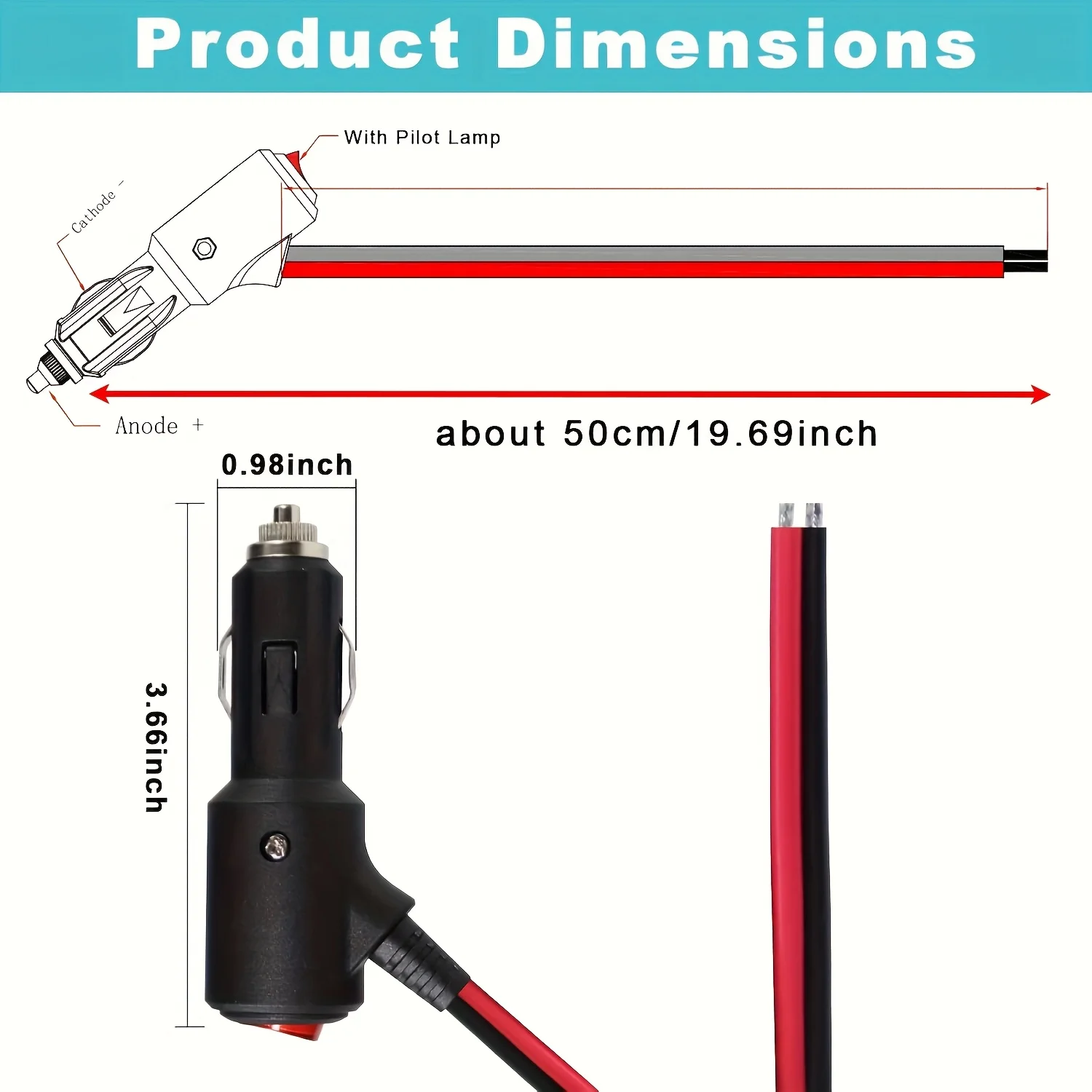 قابس ولاعة سجائر السيارة 12 فولت/24 فولت تيار مستمر مع سلك نحاسي مع سلك محول طاقة عالي التحمل 18AWG، 50 سم / 19.69 بوصة #6