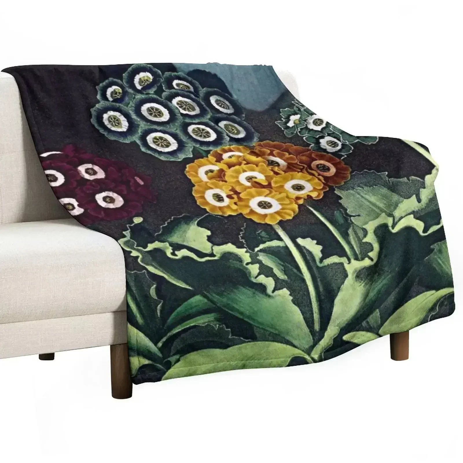 Botanical Art Temple Of Flora Auriculas Throw Blanket Large Fashion Sofas blankets and throws Baby Blankets