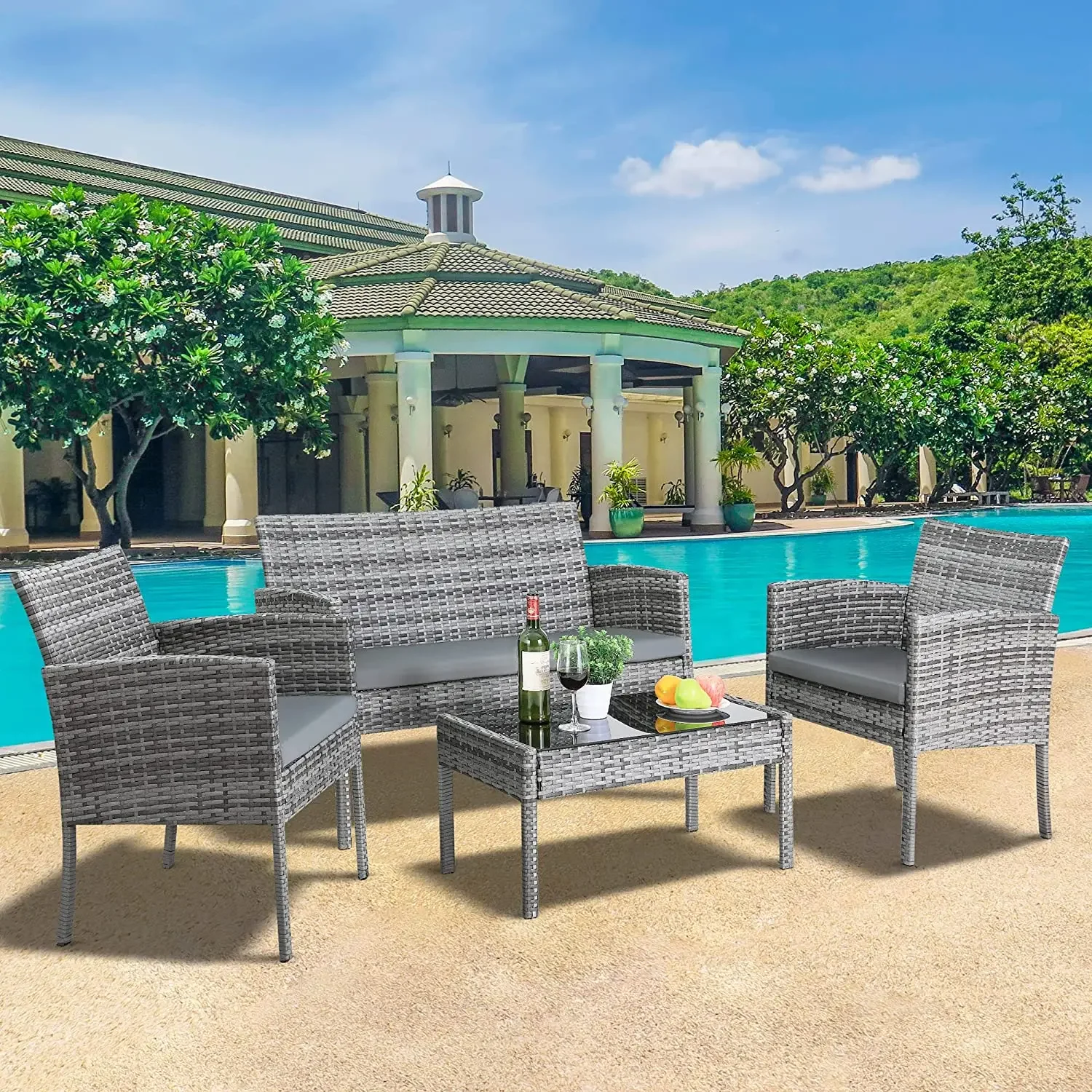 Juego de sofás de jardín para exteriores, sillas de salón y mesa de centro con cojín para Patio, terraza y Patio trasero