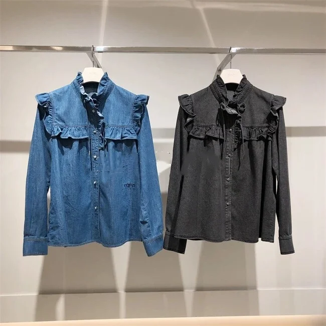 

Deep ey Vintage Court Sle irt Collar Wooden Ear Design Denim Women's Top Coat ort Sve Original Design Button Closure