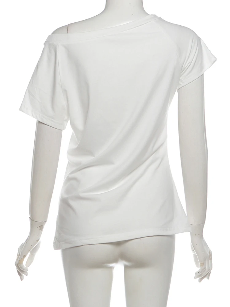 Sisterlinda Musikfestival T-Shirt für Damen mit Schriftzug-Dekoration, schrägem Kragen, kurzen Ärmeln, lässig, sommerlich, klassisch, schlicht, Streetwear – Detail 11