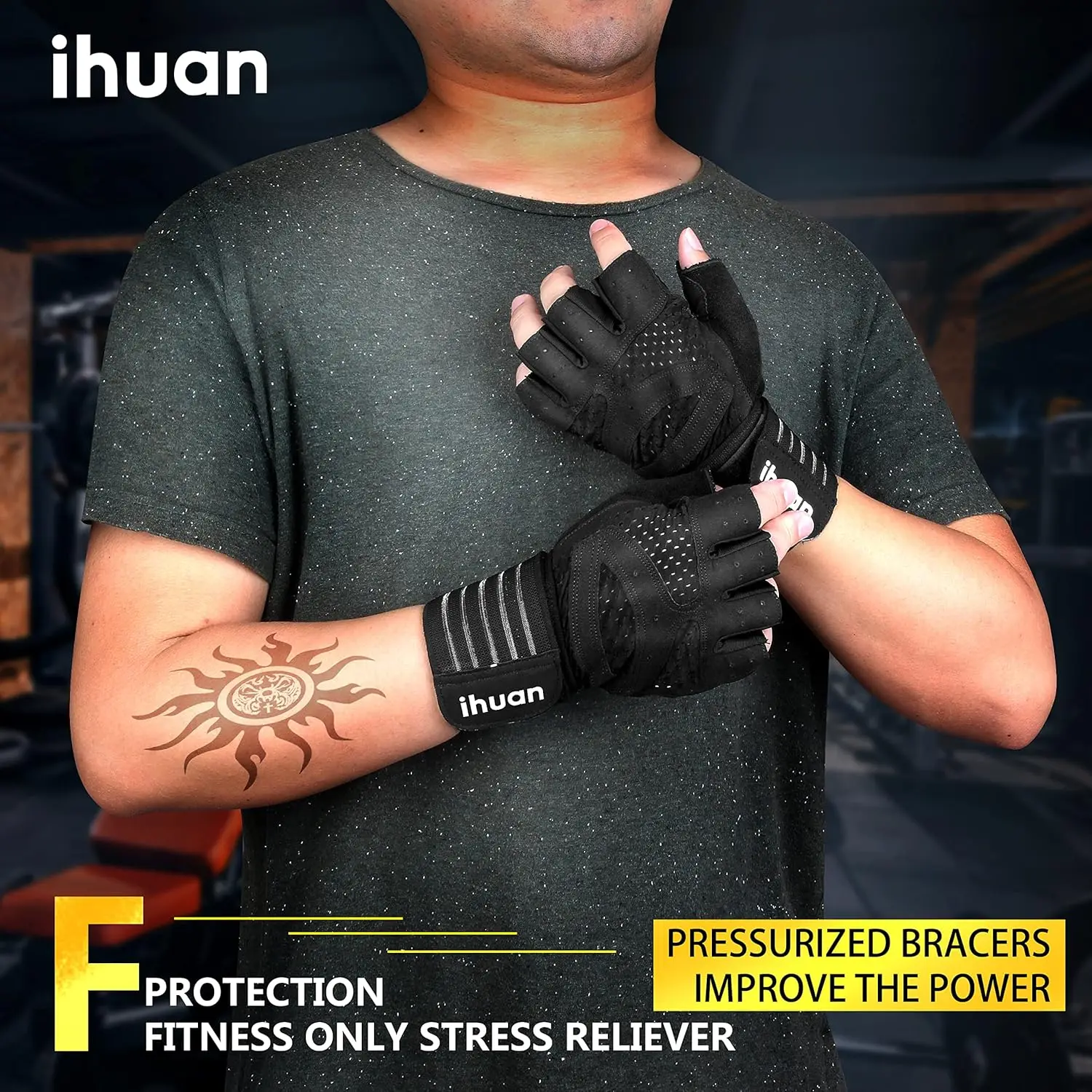 ihuan Ventilated Weight Lifting Gym Workout Gloves with Wrist Wrap Support for Men & Women, Full Palm Protection, for Weightlift