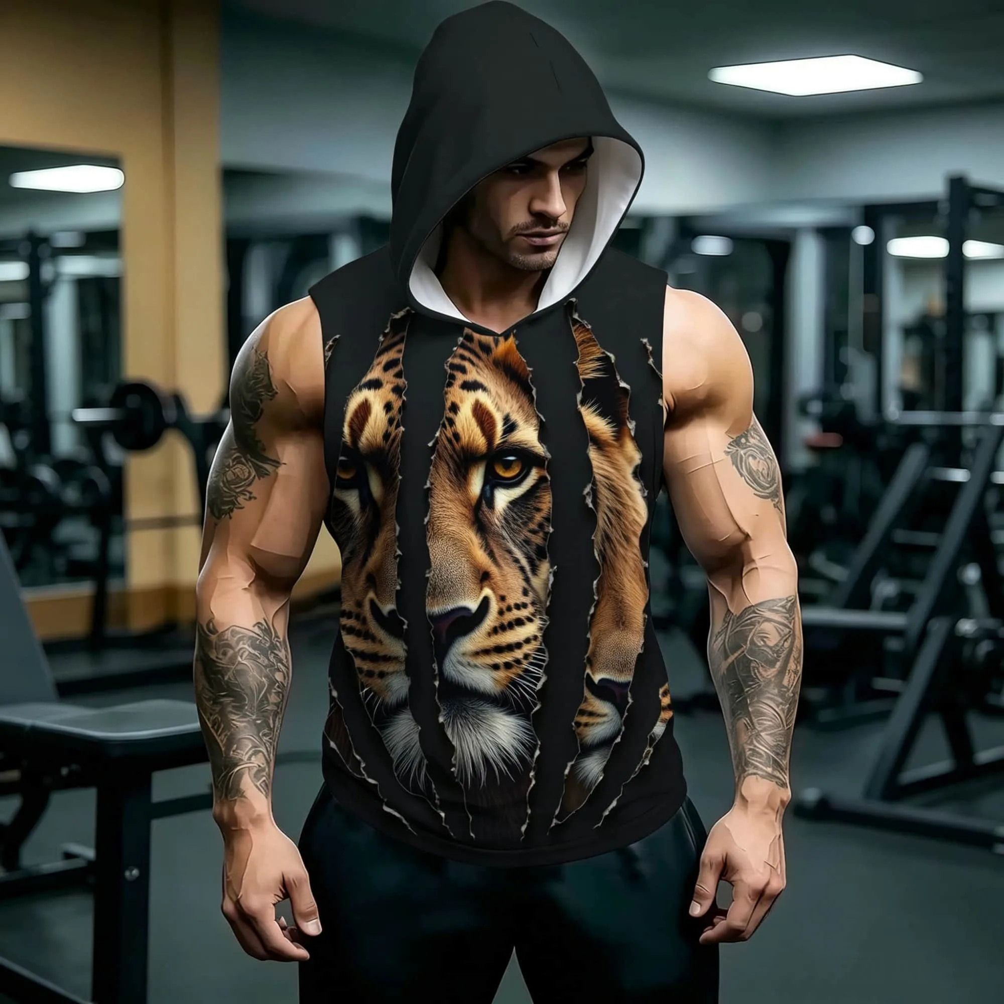 Men Streetwear Hooded Sleeveless Vest Wild Leopard Torn Graphic Aggressive Animal Print Summer Tops
