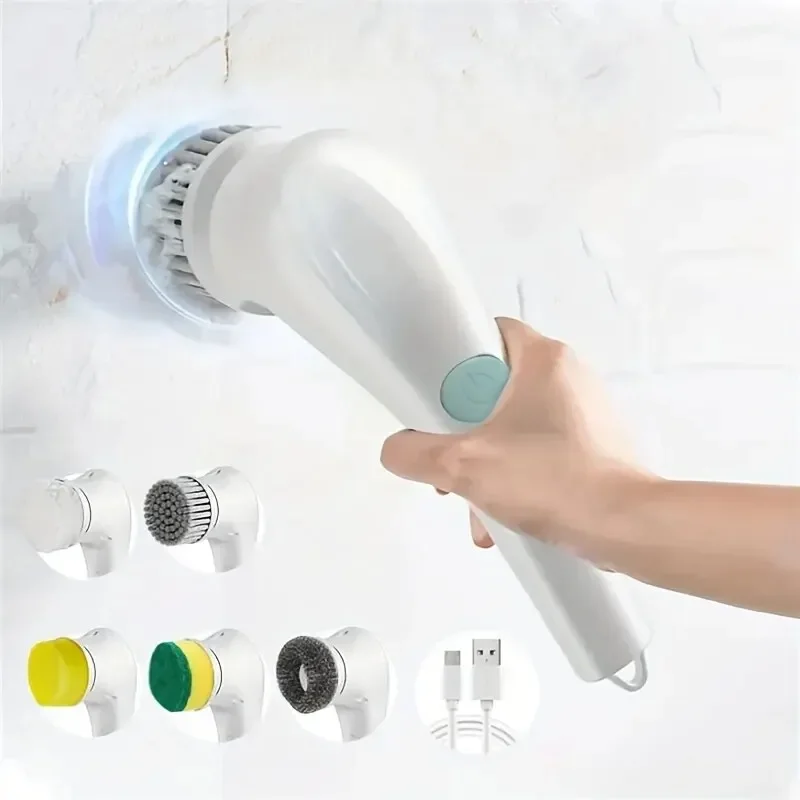 Five in One Multifunctional Electric Cleaning Brush Wireless Handheld with 5 Interchangeable Heads for Bathroom Kitchen