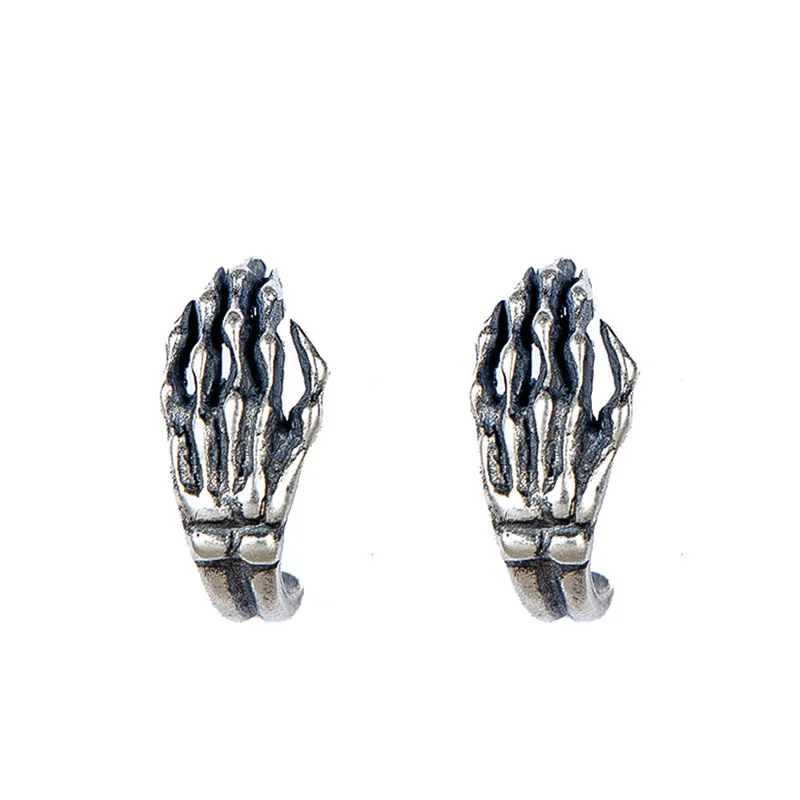 1Pair Rock Solid 925 Sterling Silver Skeleton Hand Bone Stud Earrings Gothic Fashion Ear Studs for Men And Women