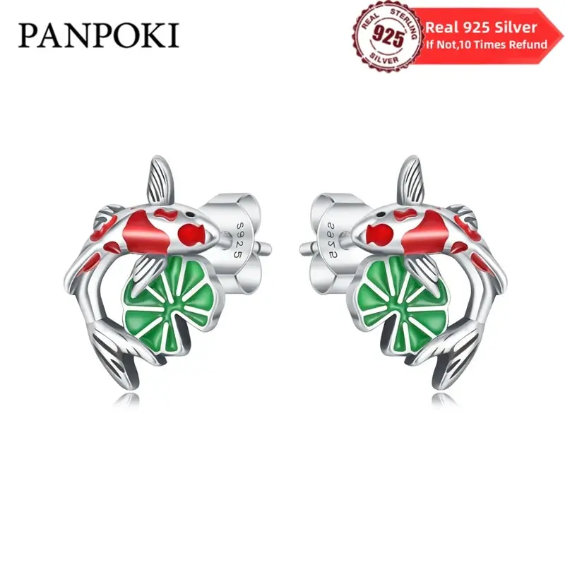 Real 100% 925 Sterling Silver Fashion Sweet Lotus Leaf Flower Koi Stud Earrings For Women Wedding Party Gifts Fine Jewelry