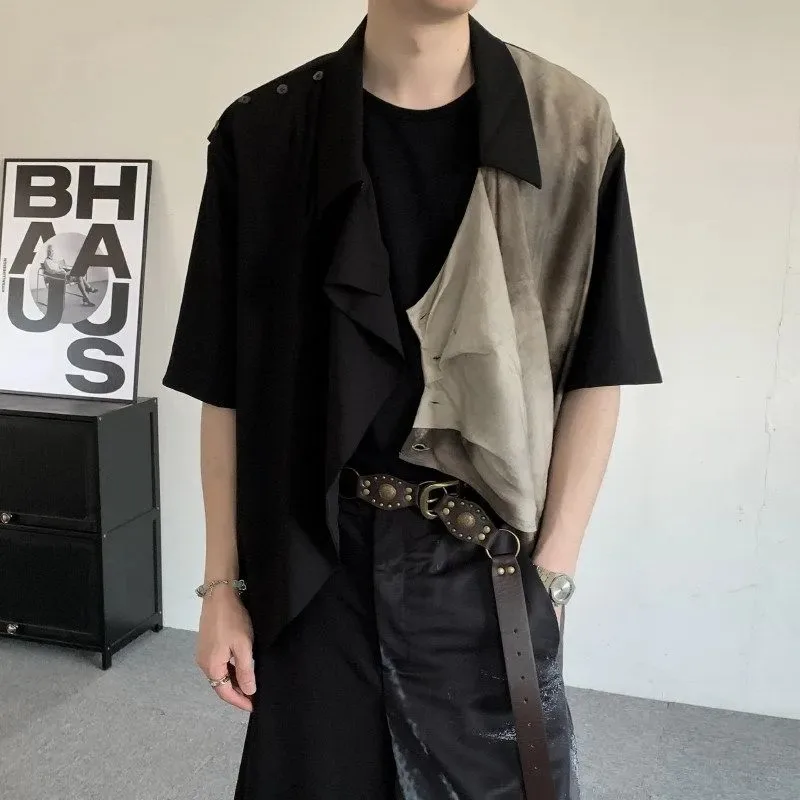 Men's High Street Patchwork Short Sleeve Shirt Asymmetric Hem Contrast Color Design Fashion Casual Loose Fit Tops