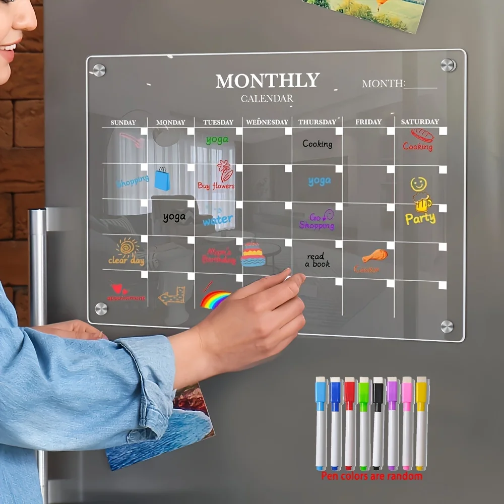 Kalender Akrilik Magnetik yang Dapat Dihapus-Kalender Transparan untuk Kulkas, Penyelenggara Dapur Ideal untuk Rumah & Kantor dengan Pena Spidol Termasuk