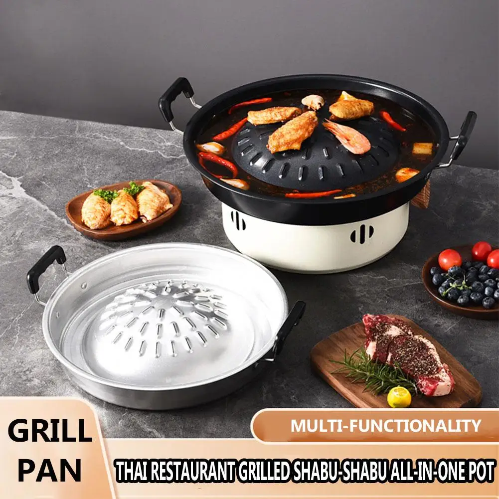 2 In1 Thai Restaurant Grill & Shabu Shab Barbecue Pan Kitchen Cooking Steamer Household Tools Cookware Basket E1L4