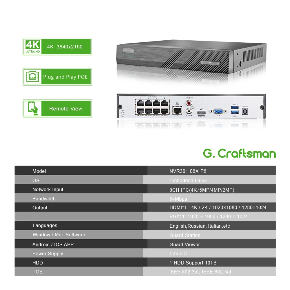 Imagem -02 - Poe Nvr Network Video Recorder Gravação Câmera ip Sistema P2p Onvif Guard Viewer Mac 4k 8ch H.265 Hdd 24 Onvif 24 7