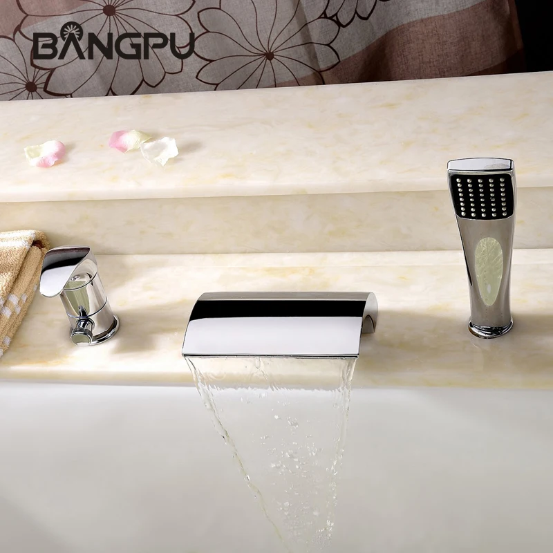 

Chrome Bath Tub Faucet Kit with Hand Shower 3 Hole Waterfall Bathtub Faucet Set Deck Mount Roman Tub Faucet with Handheld Shower